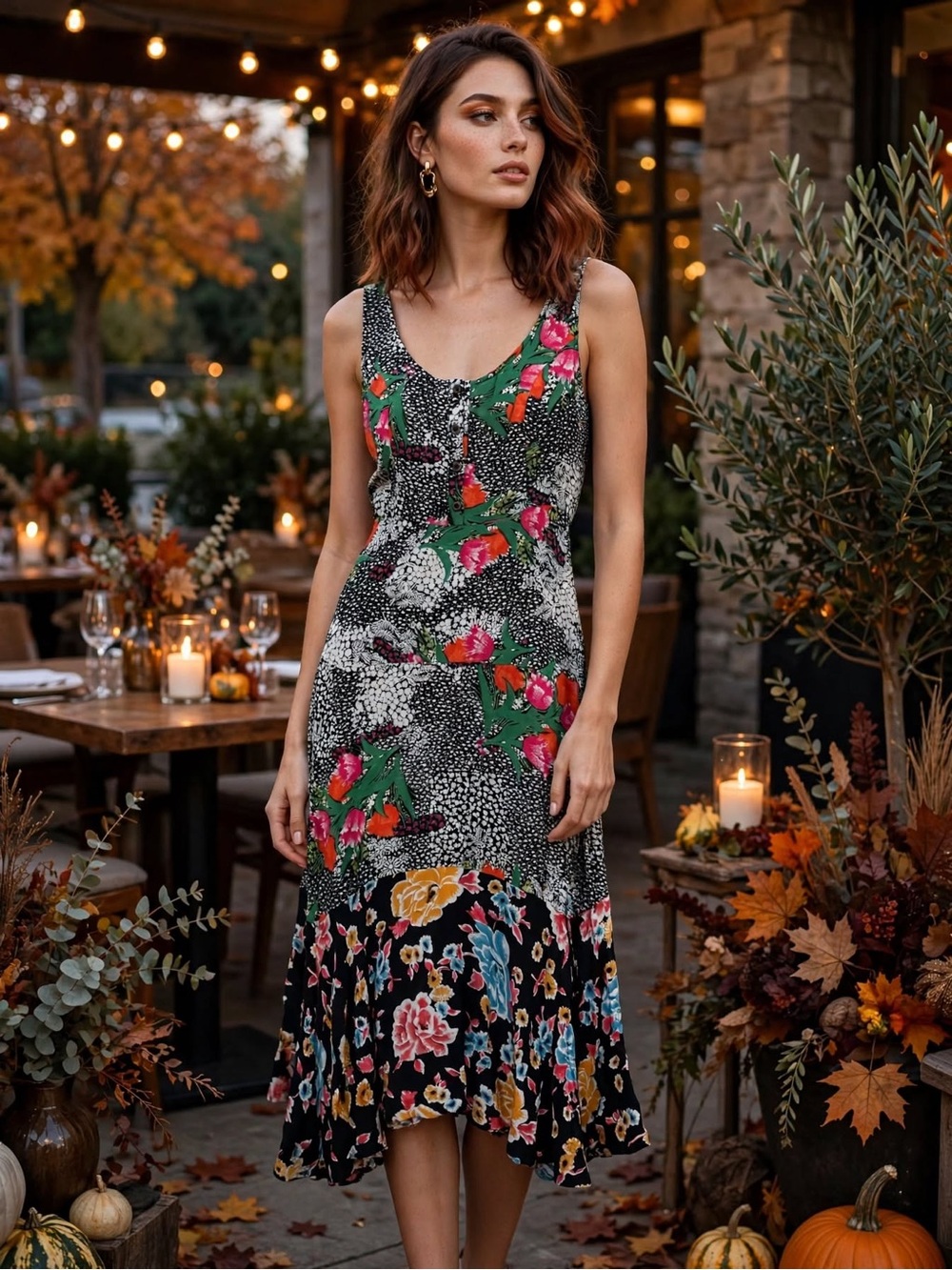 Maeve by Anthropologie Black Mixed Floral & Polka Dot Midi Dress